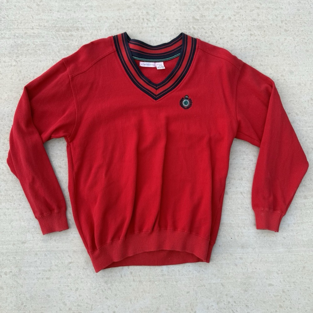 Vintage Cricket Tennis Sweater Mens M Cotton Claiborne Blue Red Preppy Varsity